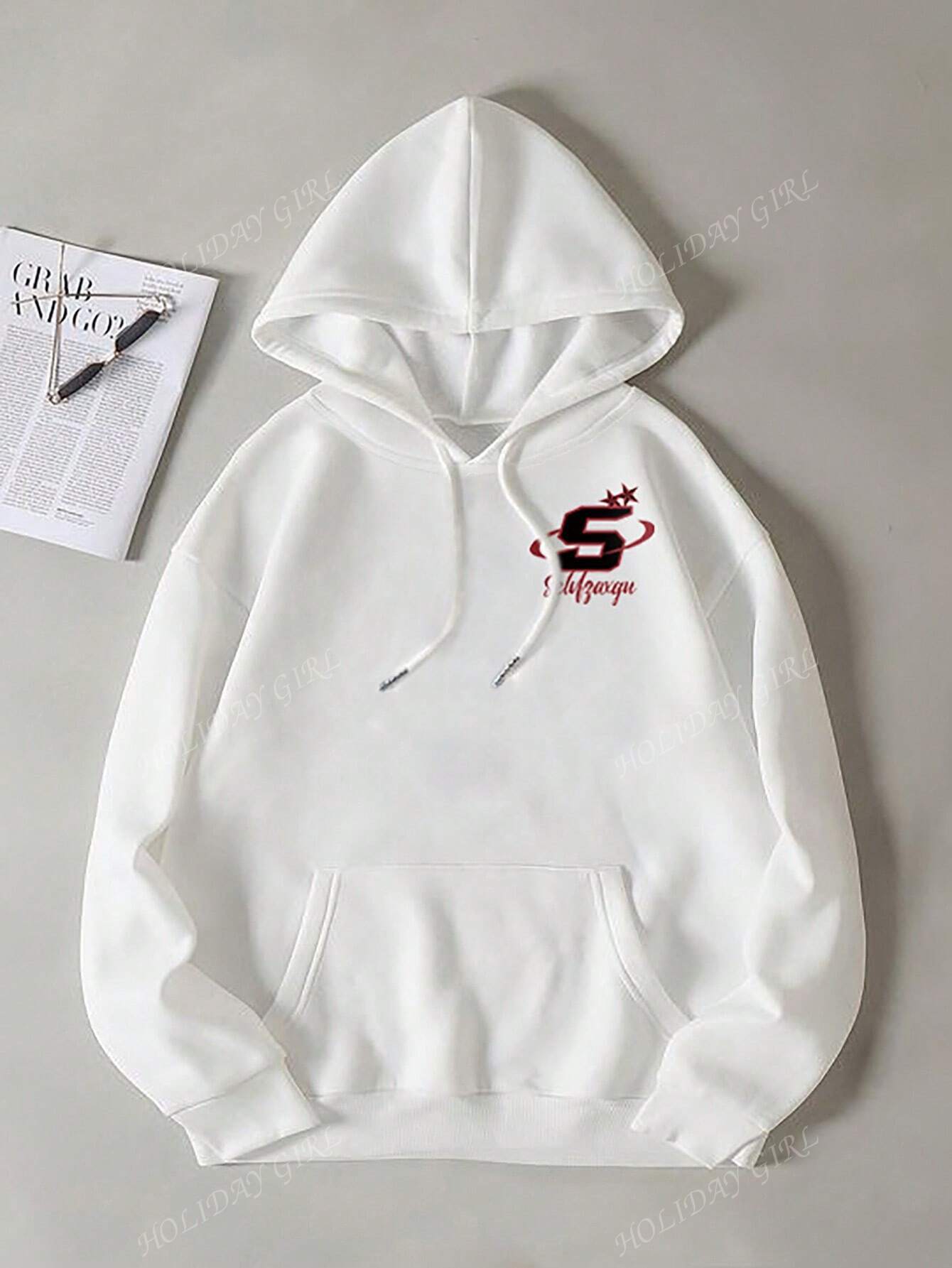 SHEIN Letter Graphic Drop Shoulder Drawstring Hoodie