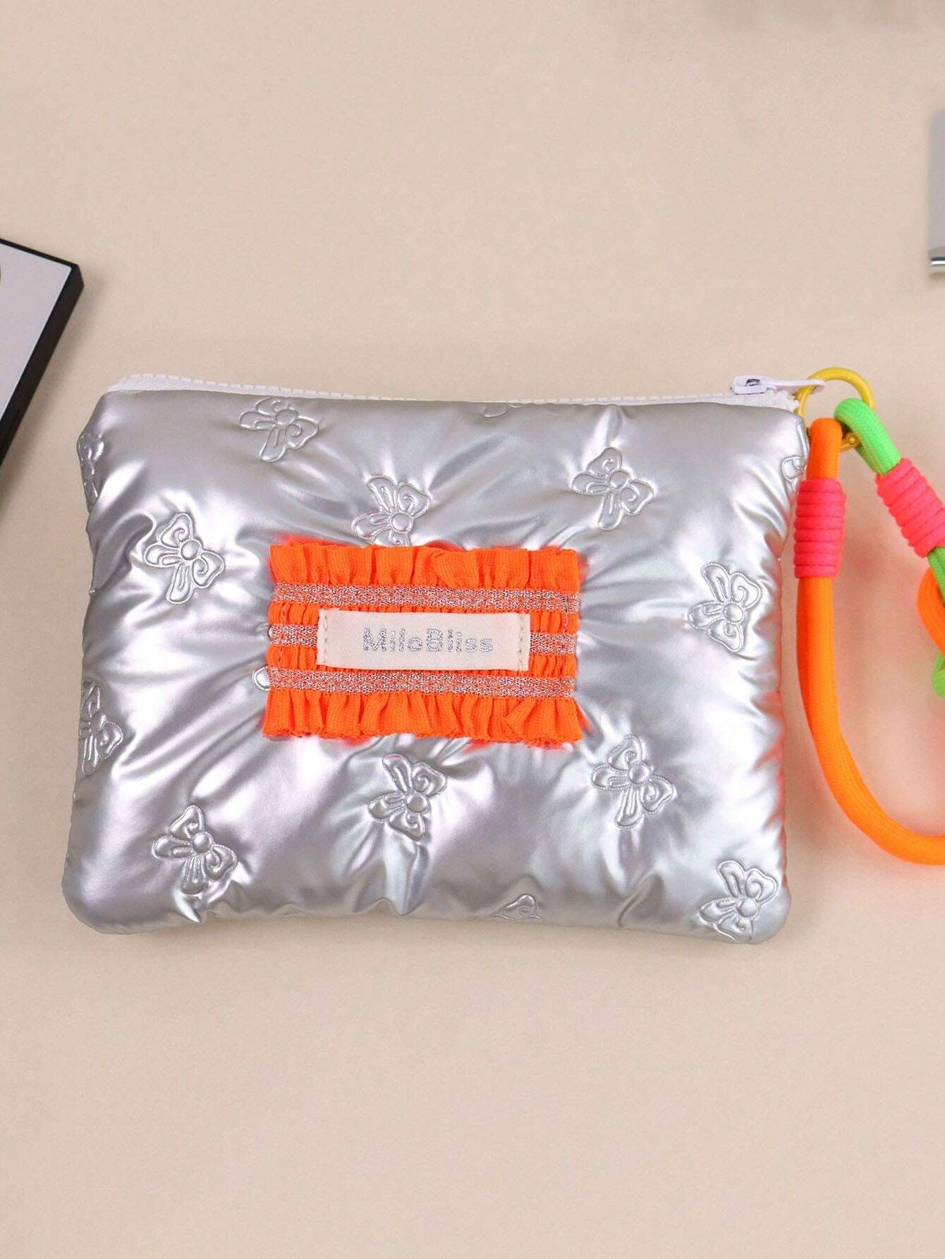 SHEIN 1 Piece Embroidery Heart Shape Coin Purse Quilted Coin Purse Portable Short Wallet #Orange