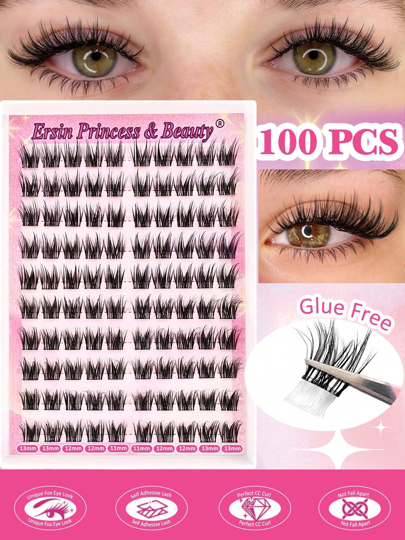Eyelash packaging with false eyelashes, a brush, and promotional text on a pink background.