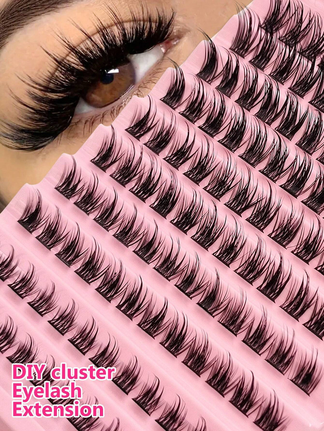 Eyelashes with a close-up of an eye wearing them, surrounded by multiple pairs on pink trays.