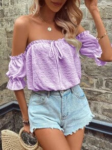 SHEIN VCAY Off Shoulder Frill Trim Knot Front Flounce Sleeve Blouse