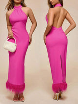 SHEIN Glamine Rose Red Halter Patchwork Fuzzy Hem Backless Split Maxi Party Dress