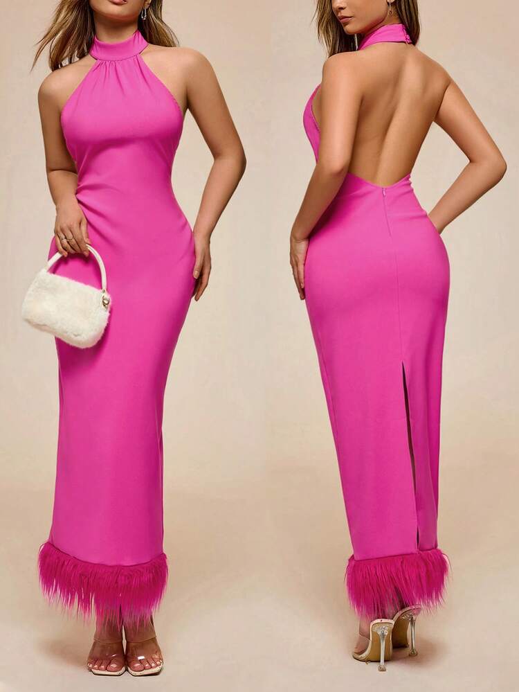 SHEIN Glamine Rose Red Halter Patchwork Fuzzy Hem Backless Split Maxi Party Dress