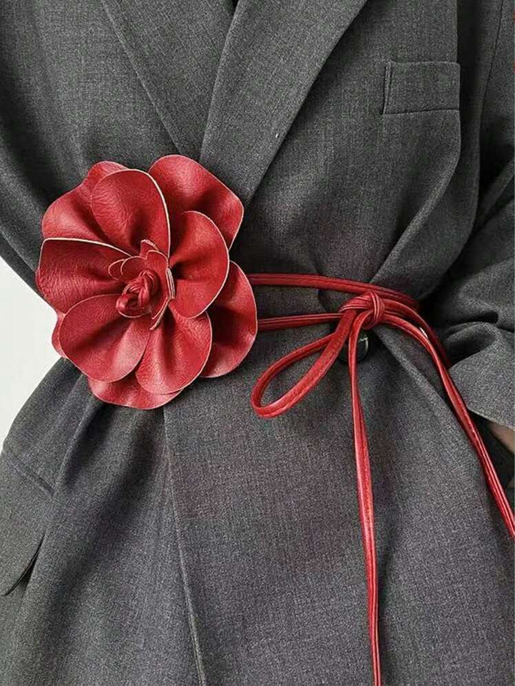 SHEIN 1pc Women's PU Leather Camellia Bohemian Bowknot Long Waist - view 3