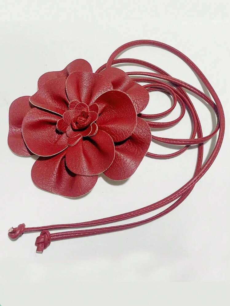 SHEIN 1pc Women's PU Leather Camellia Bohemian Bowknot Long Waist