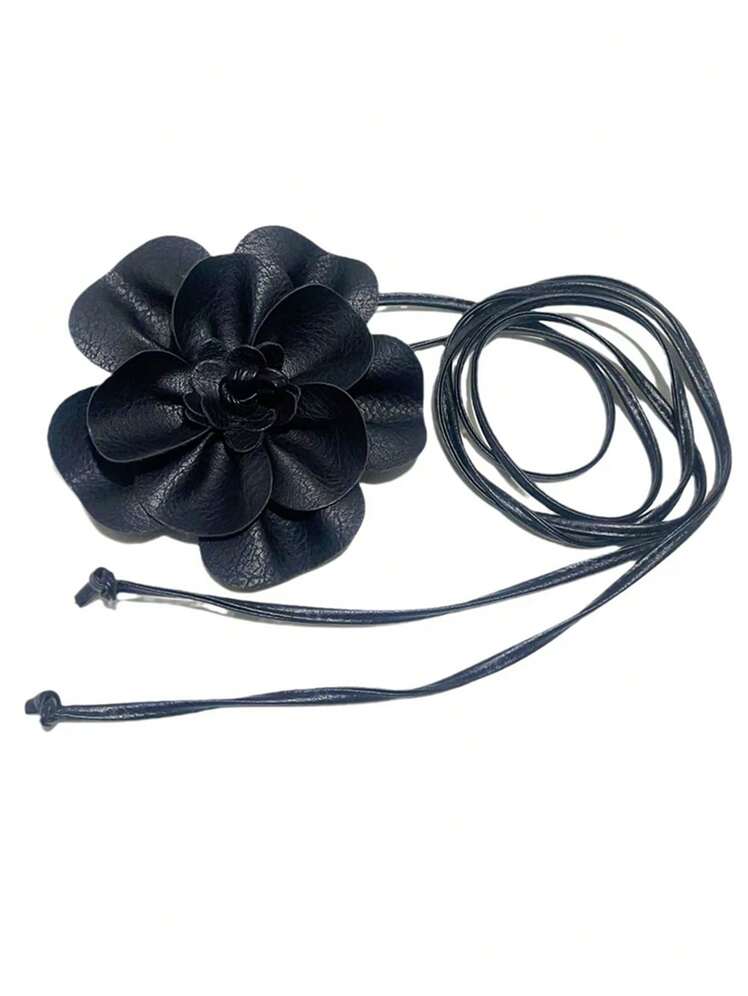 SHEIN 1pc Women's PU Leather Camellia Bohemian Bowknot Long Waist