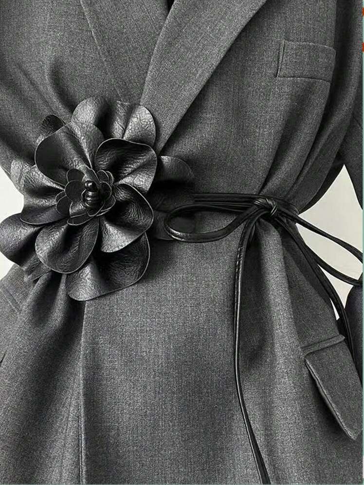 SHEIN 1pc Women's PU Leather Camellia Bohemian Bowknot Long Waist