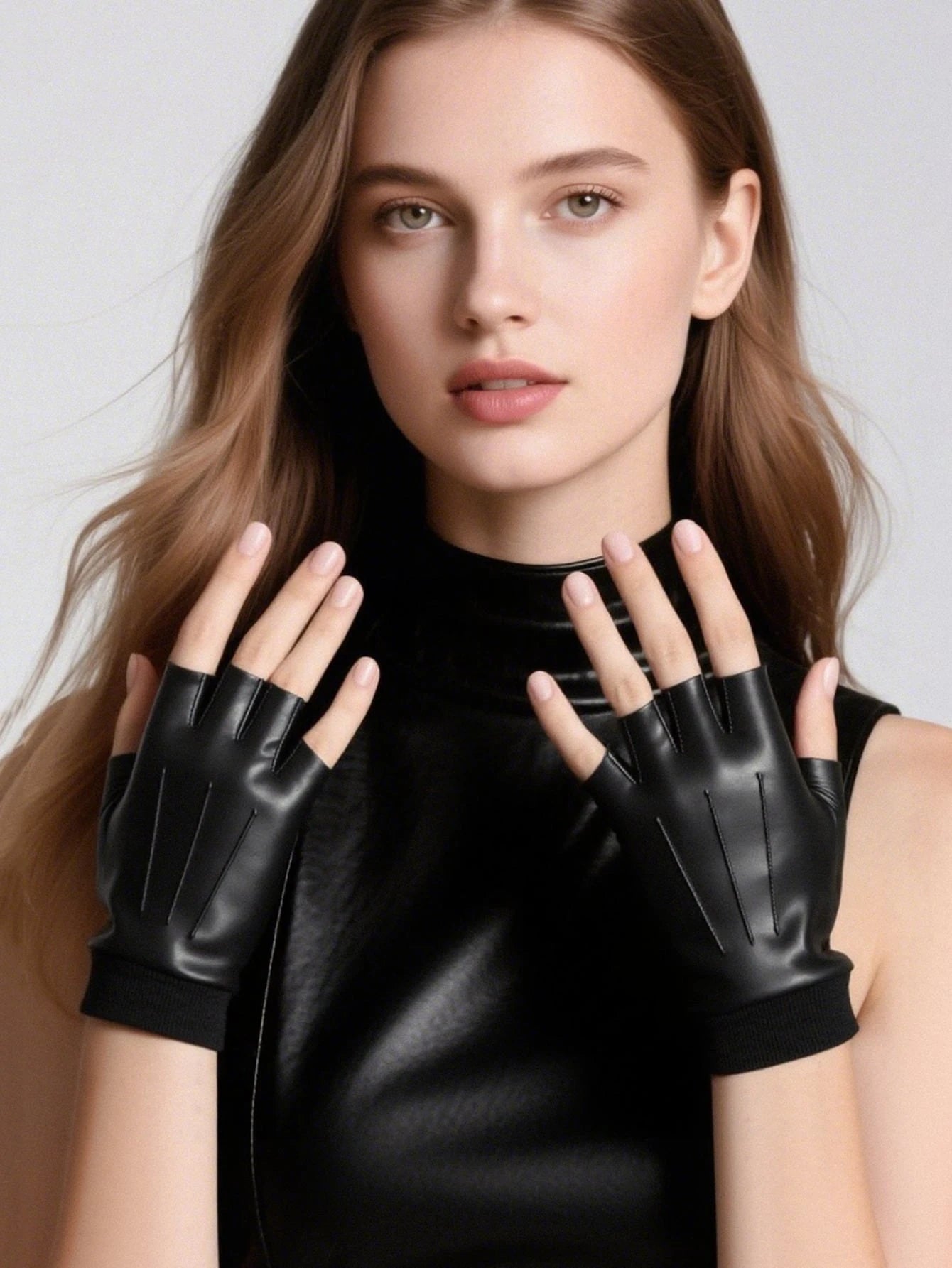 Woman wearing black leather fingerless gloves against a plain background