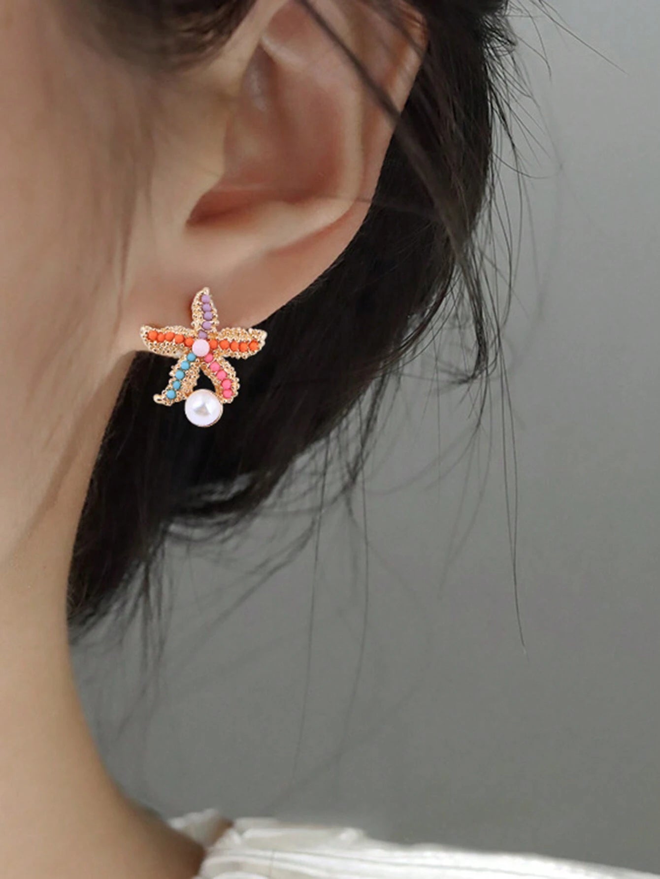 SHEIN 1 pair Sweet Bohemian Style Colorful Starfish & Faux Pearl Earrings, Suitable For Women's Daily Travel, Beach Parties, Vacation, Etc.