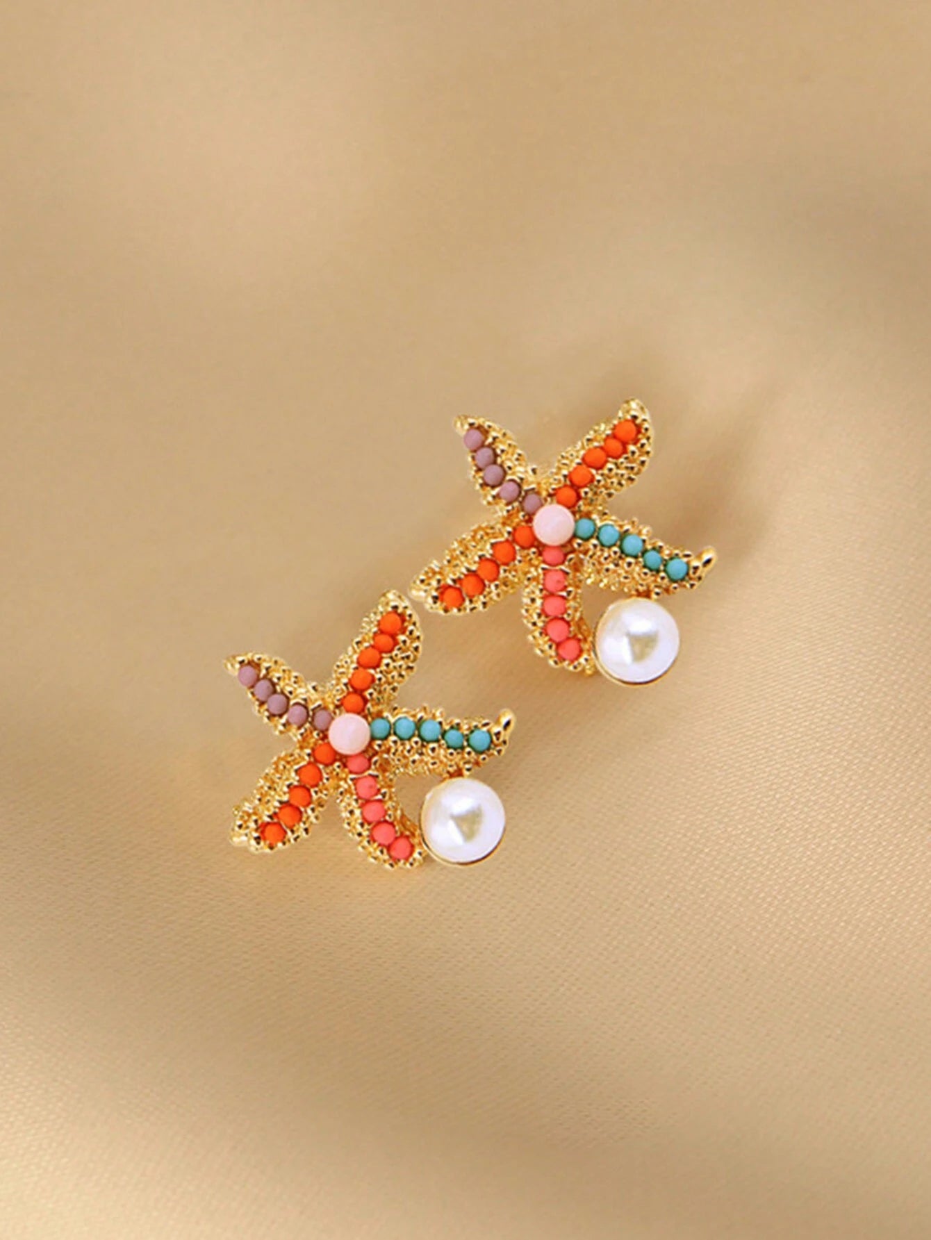 SHEIN 1 pair Sweet Bohemian Style Colorful Starfish & Faux Pearl Earrings, Suitable For Women's Daily Travel, Beach Parties, Vacation, Etc.