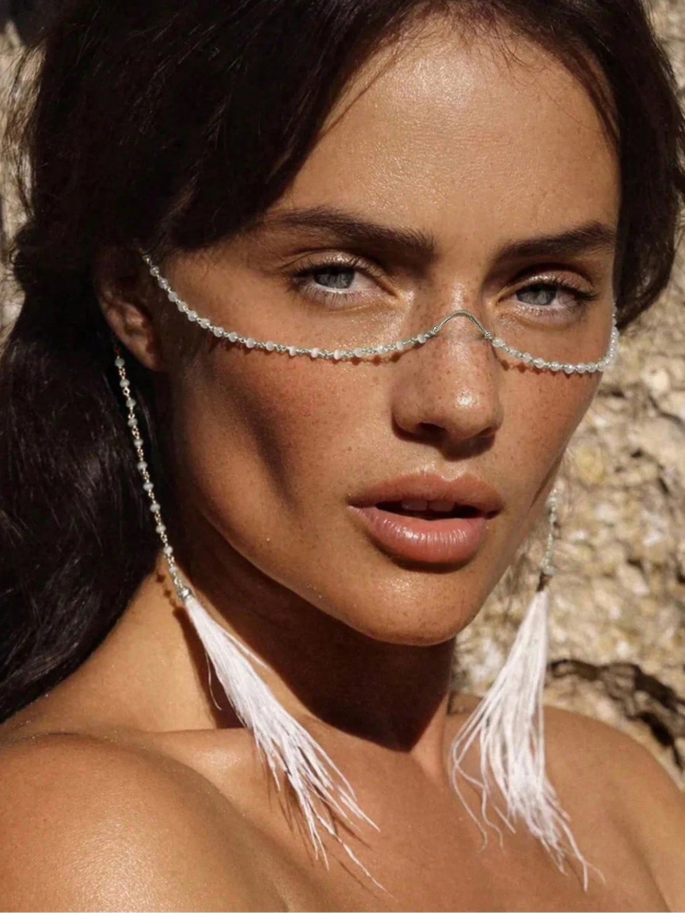 1pc Black Beaded Face Chain With Black Feather Tassel And Nose Bridge