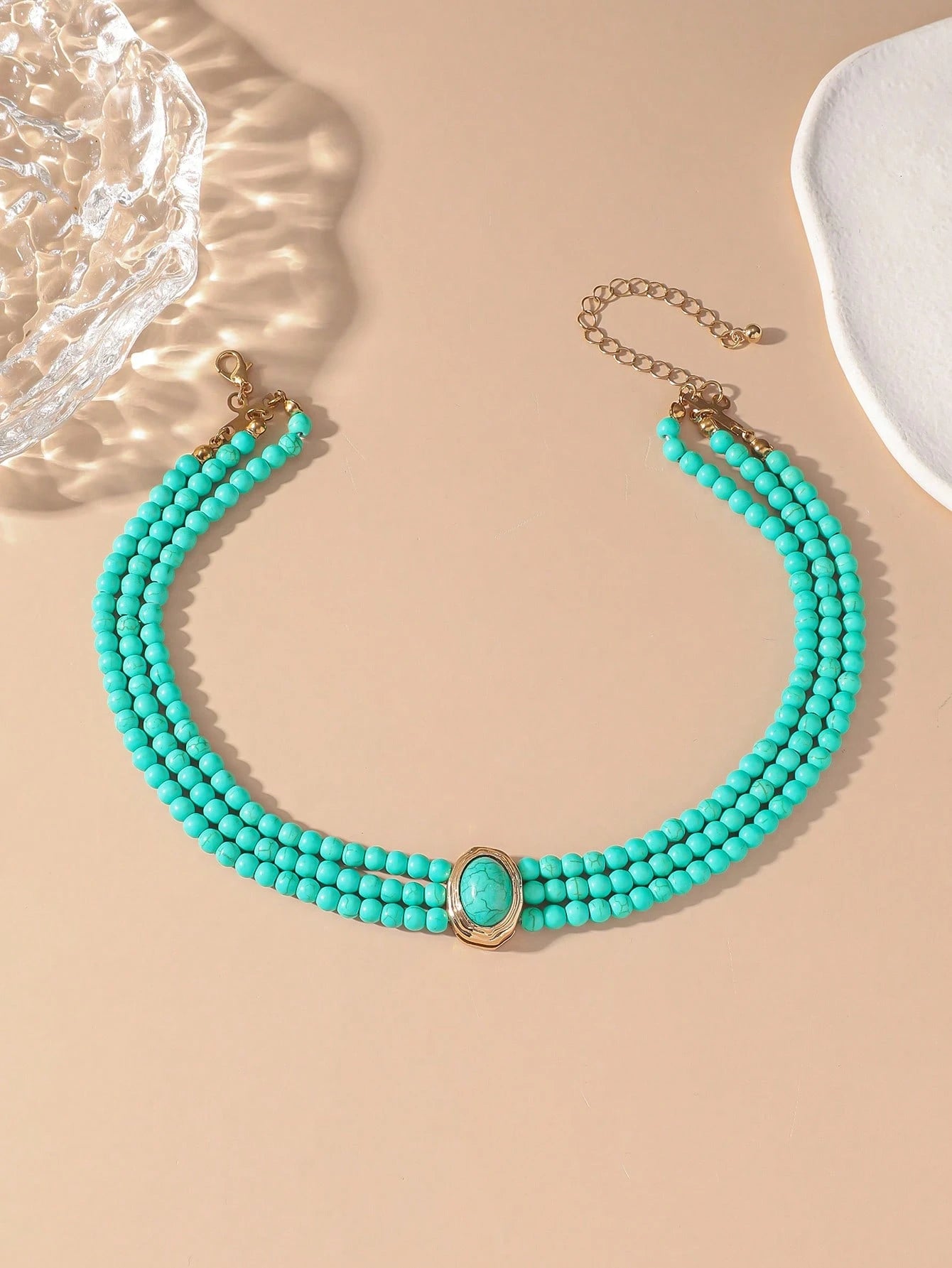 1pc Elegant French Short Multi-Layer Turquoise Beaded Choker Necklace For Women