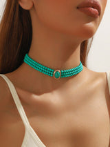 1pc Elegant French Short Multi-Layer Turquoise Beaded Choker Necklace For Women