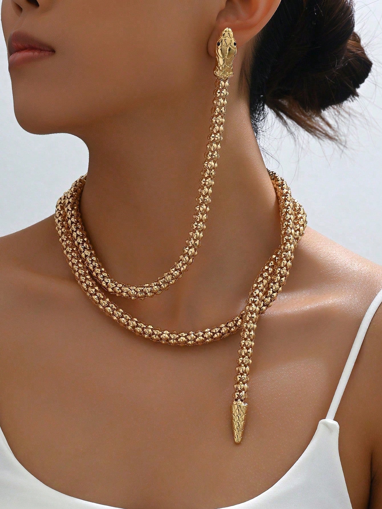 1pc Women Retro Punk Style Snake Wrap Around Earrings Necklace Set, Fashion Accessory