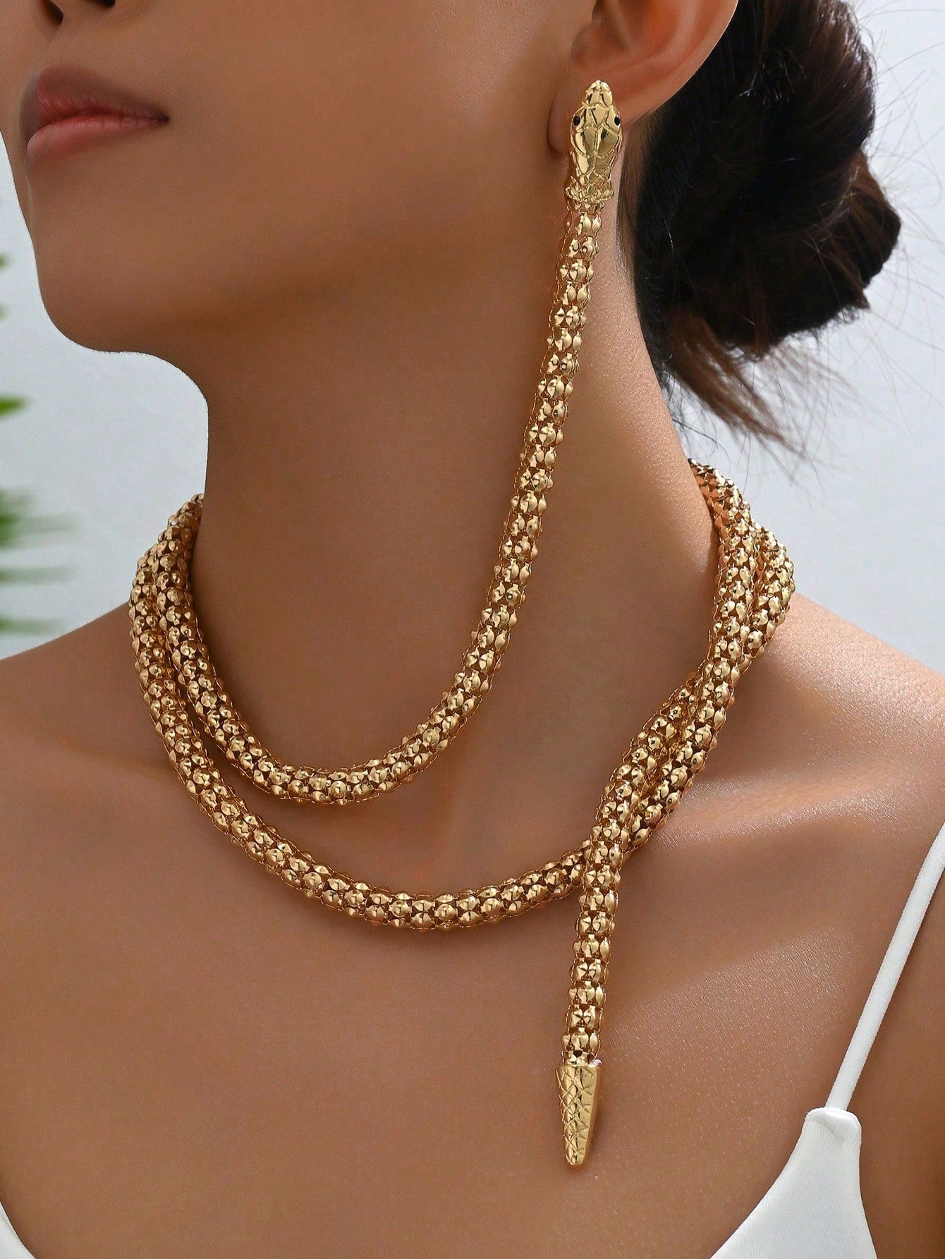 1pc Women Retro Punk Style Snake Wrap Around Earrings Necklace Set, Fashion Accessory