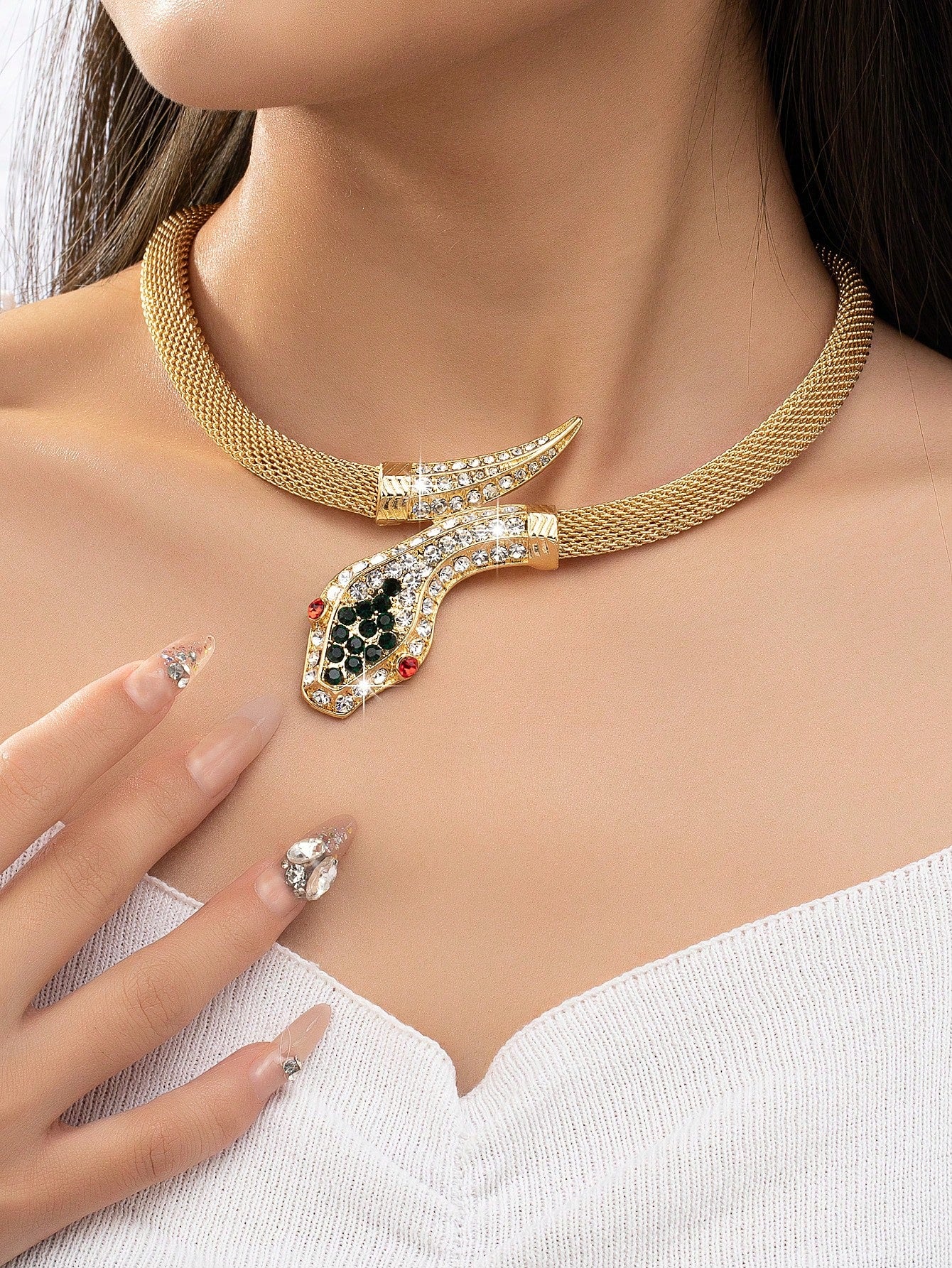 SHEIN 1pc European & American Style Rhinestone Snake Necklace