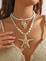 SHEIN 1pc Handmade Multi-Layer Beaded Stone, Pearl, Metal Golden Starfish Pendant Necklace, Beach, Party, Travel, Vacation, Casual, Versatile Women Necklace, Exaggerated Large Starfish Necklace