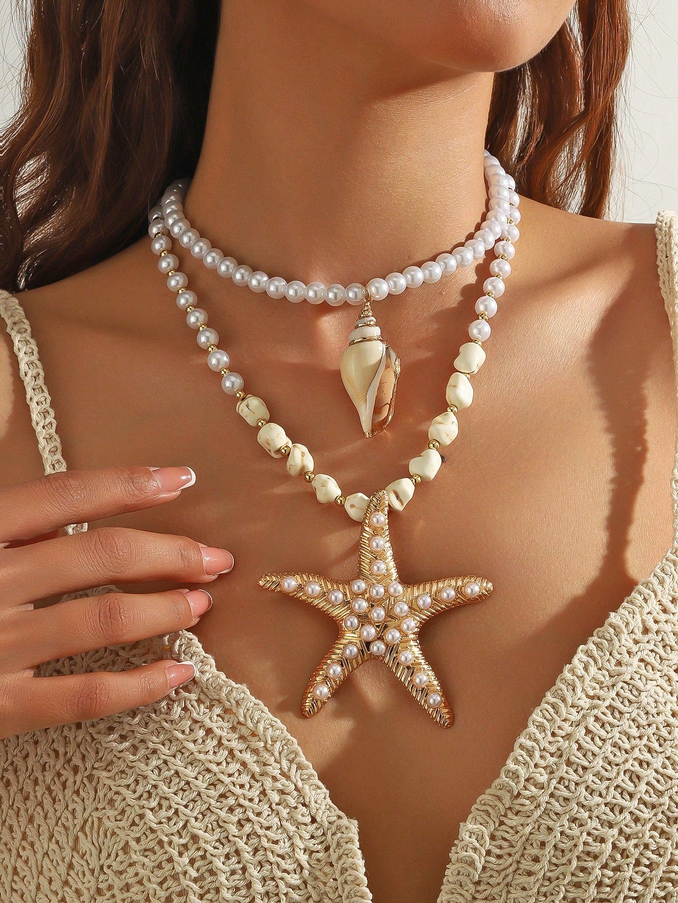 SHEIN 1pc Handmade Multi-Layer Beaded Stone, Pearl, Metal Golden Starfish Pendant Necklace, Beach, Party, Travel, Vacation, Casual, Versatile Women Necklace, Exaggerated Large Starfish Necklace