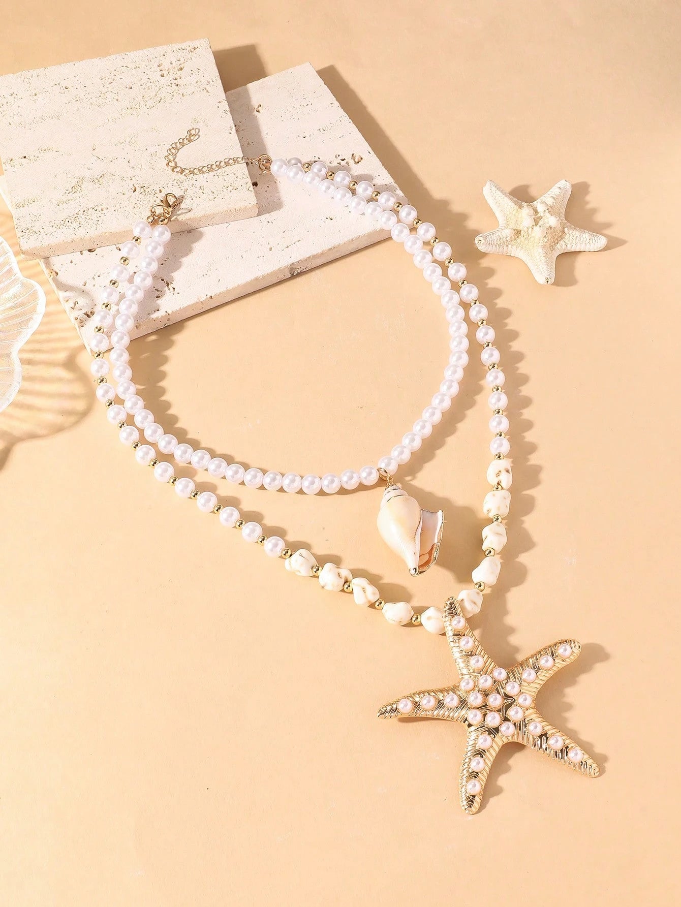 SHEIN 1pc Handmade Multi-Layer Beaded Stone, Pearl, Metal Golden Starfish Pendant Necklace, Beach, Party, Travel, Vacation, Casual, Versatile Women Necklace, Exaggerated Large Starfish Necklace