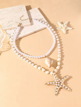 SHEIN 1pc Handmade Multi-Layer Beaded Stone, Pearl, Metal Golden Starfish Pendant Necklace, Beach, Party, Travel, Vacation, Casual, Versatile Women Necklace, Exaggerated Large Starfish Necklace