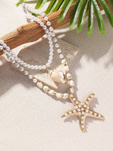 SHEIN 1pc Handmade Multi-Layer Beaded Stone, Pearl, Metal Golden Starfish Pendant Necklace, Beach, Party, Travel, Vacation, Casual, Versatile Women Necklace, Exaggerated Large Starfish Necklace