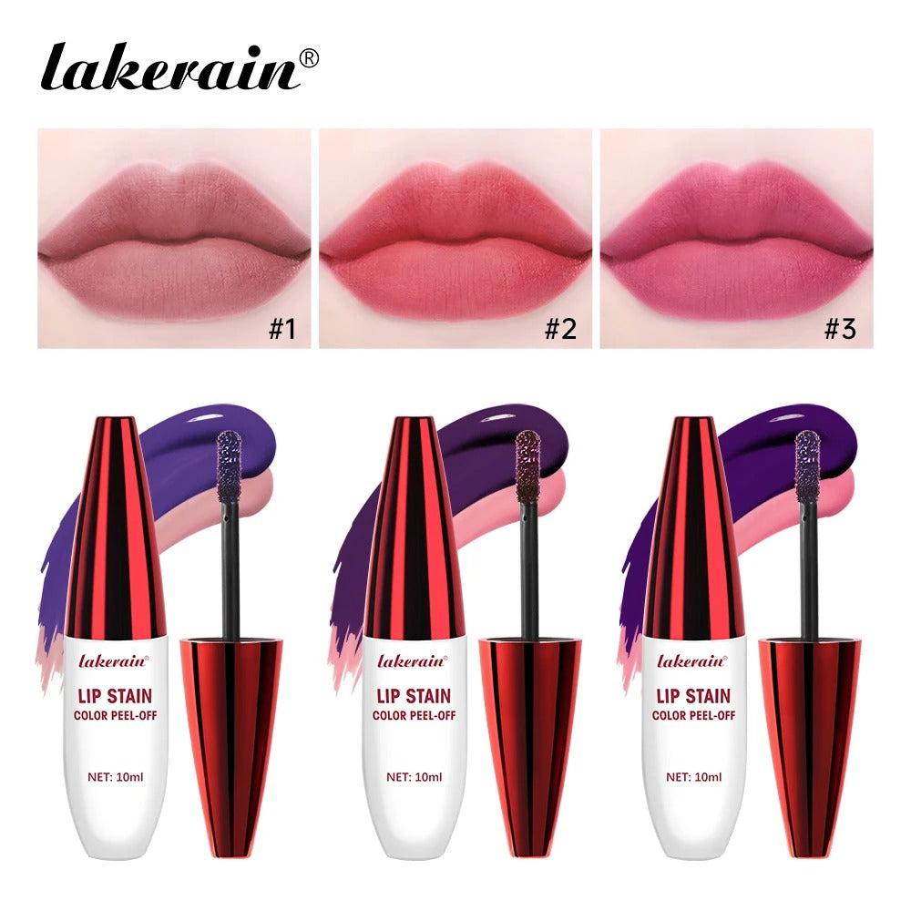 Lakerain lip stain products with color swatches on lips and packaging.
