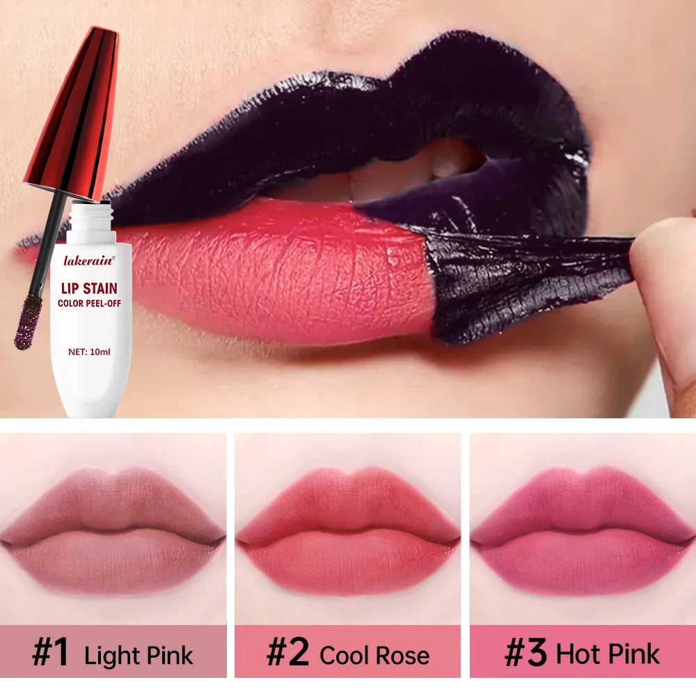 Lip stain product with applicator and color swatches on a close-up of lips.