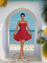 SHEIN SXY Vacation White A-Hem Short Suspender Bust Pleated Strap Detail Princess Dress