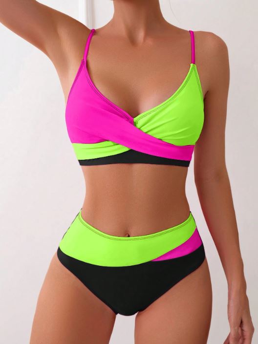 SHEIN Swim Color Block Splice Two-Piece Bikini Set, Summer Beach