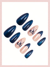 SHEIN 24pcs Medium Almond-Shaped Nail Stickers, Blue & White Ombre Glossy Full Coverage Minimalist Style Nail Art Set