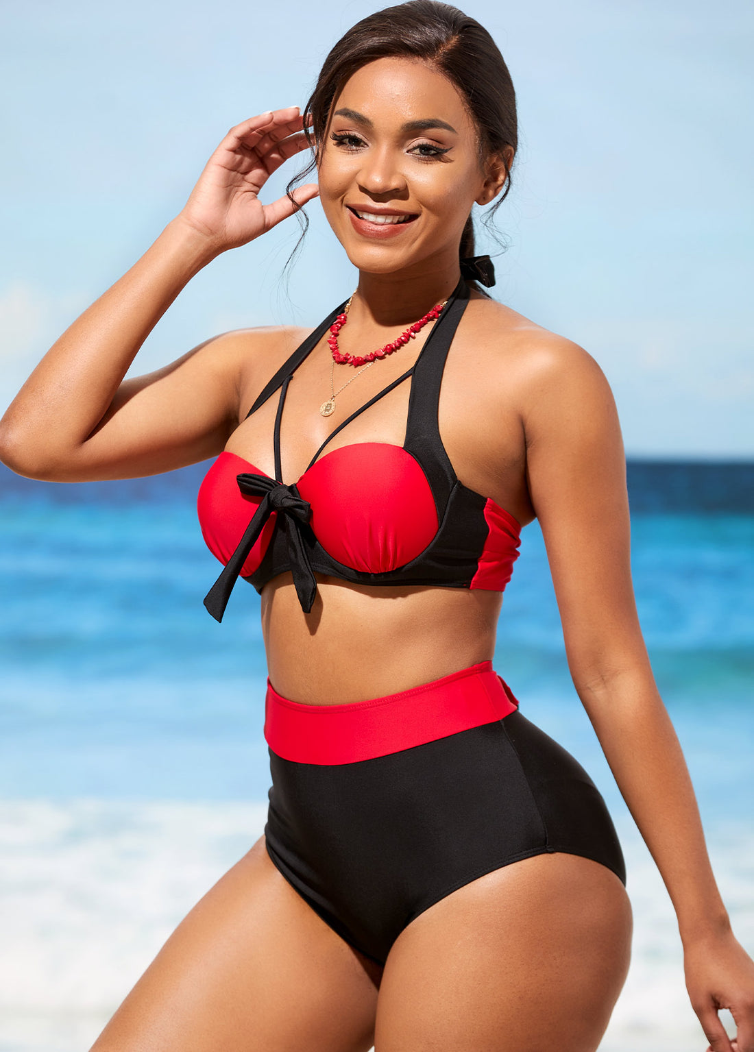 High Waisted Bowknot Color Block Bikini Set Rosewe® - view 3