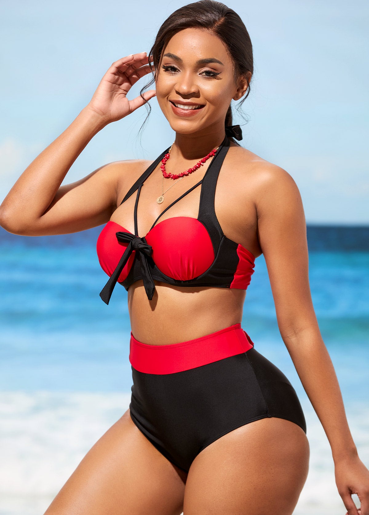 High Waisted Bowknot Color Block Bikini Set Rosewe®