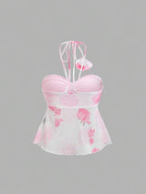 SHEIN Sweetra New 3D Floral Pleated Elegant Scarf Neck Camisole For Women