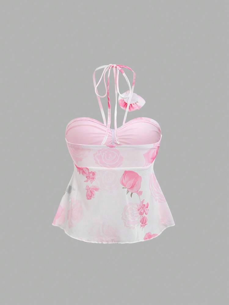 SHEIN Sweetra New 3D Floral Pleated Elegant Scarf Neck Camisole For Women