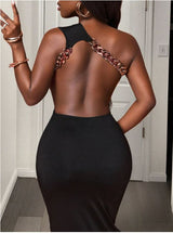 SHEIN BamGleam Solid Color Backless Asymmetric Neckline Elegant Sleeveless Dress