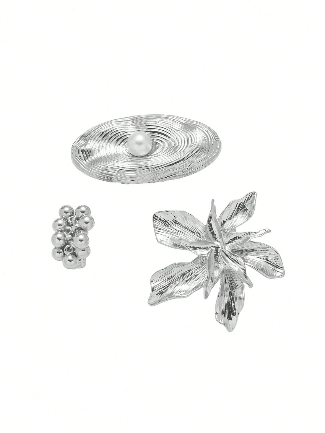 SHEIN 3pcs Exaggerated Metal Large Flower, Small Ball, Spiral Design Rings - view 3