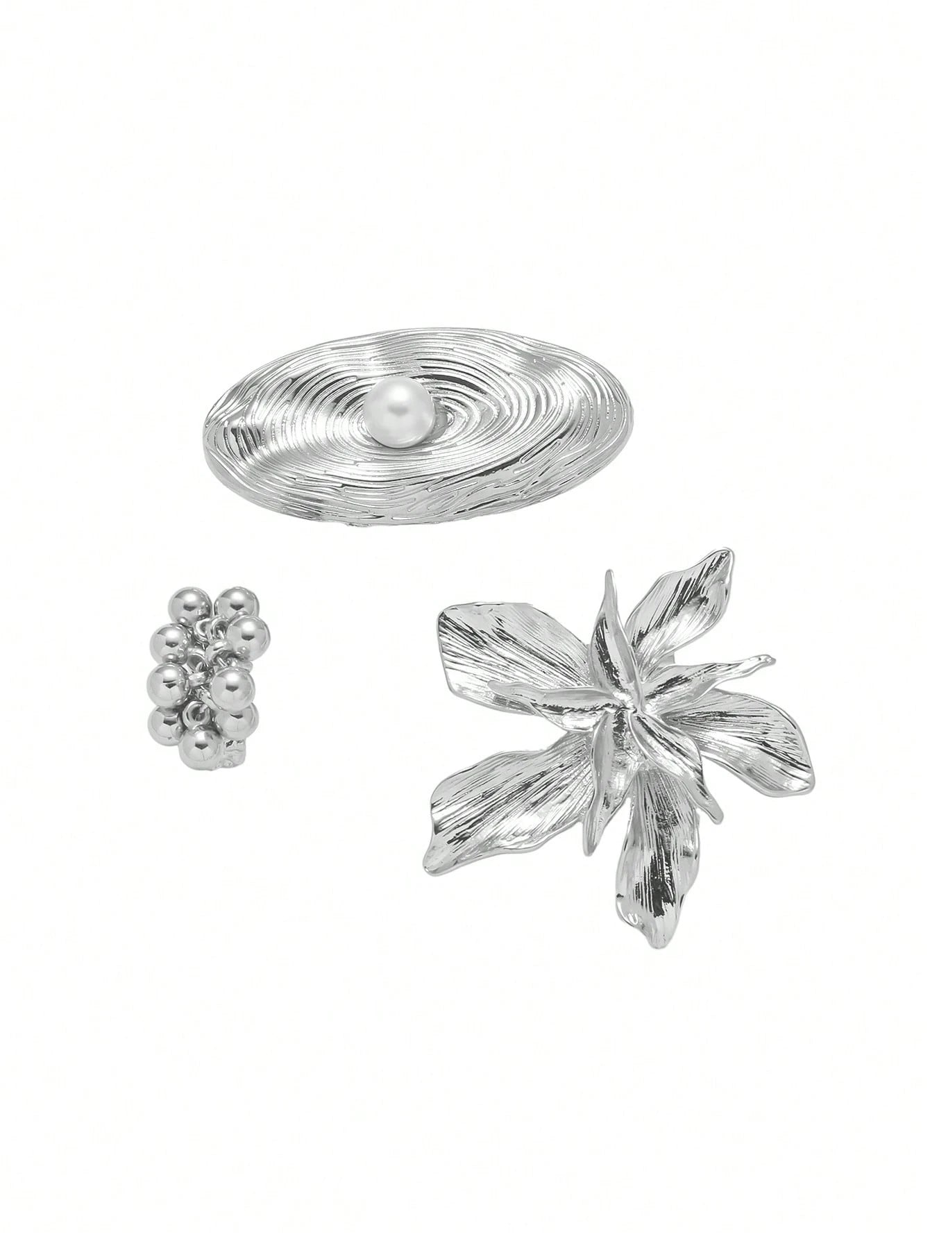 SHEIN 3pcs Exaggerated Metal Large Flower, Small Ball, Spiral Design Rings