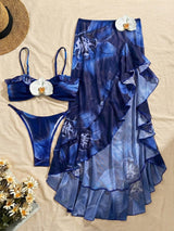 SHEIN 3pcs/Set Women Floral Print Elegant Sexy Backless Tie-Front Tankini Swimwear & Skirt Beach Outfit, Spring/Summer Vacation
