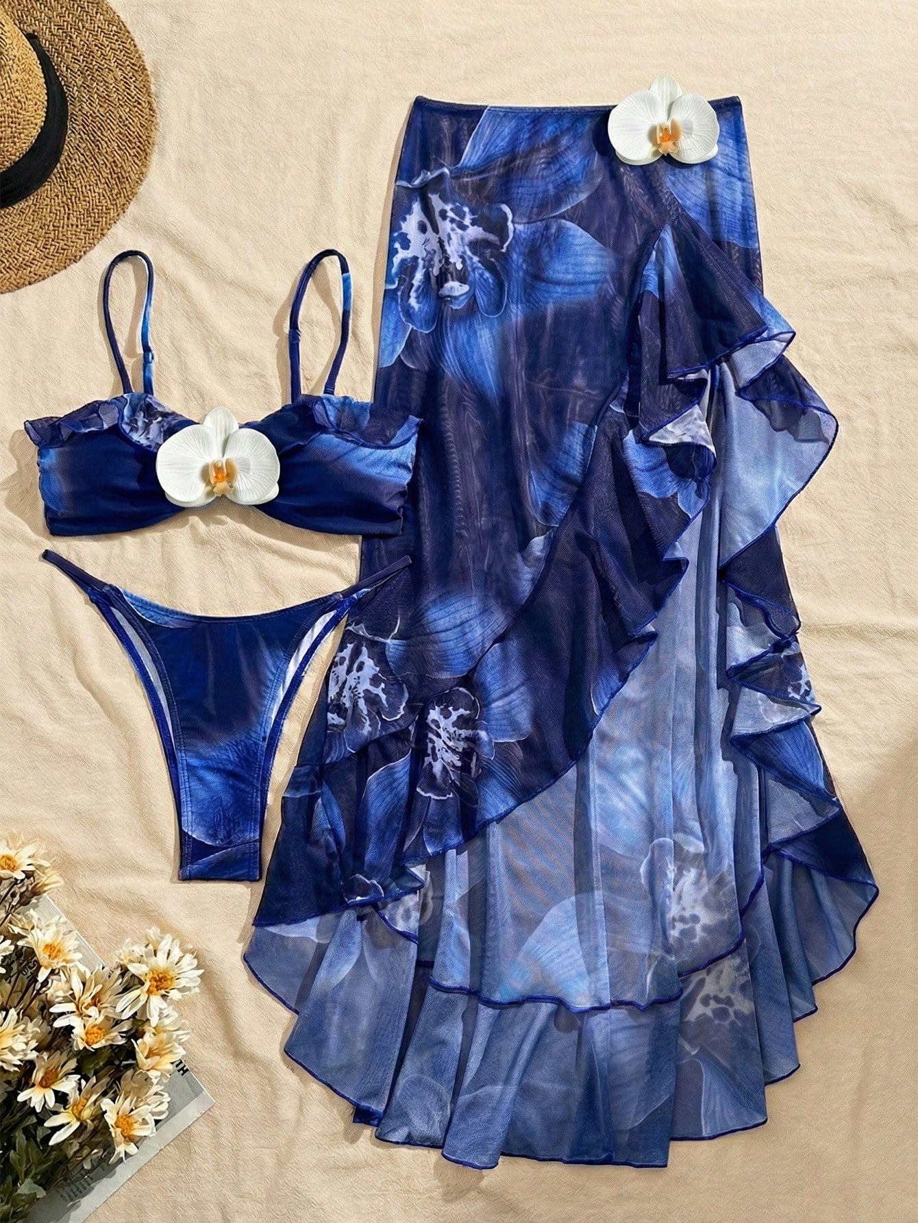 SHEIN 3pcs/Set Women Floral Print Elegant Sexy Backless Tie-Front Tankini Swimwear & Skirt Beach Outfit, Spring/Summer Vacation