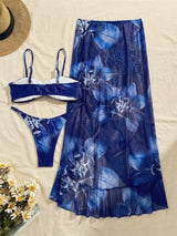 SHEIN 3pcs/Set Women Floral Print Elegant Sexy Backless Tie-Front Tankini Swimwear & Skirt Beach Outfit, Spring/Summer Vacation