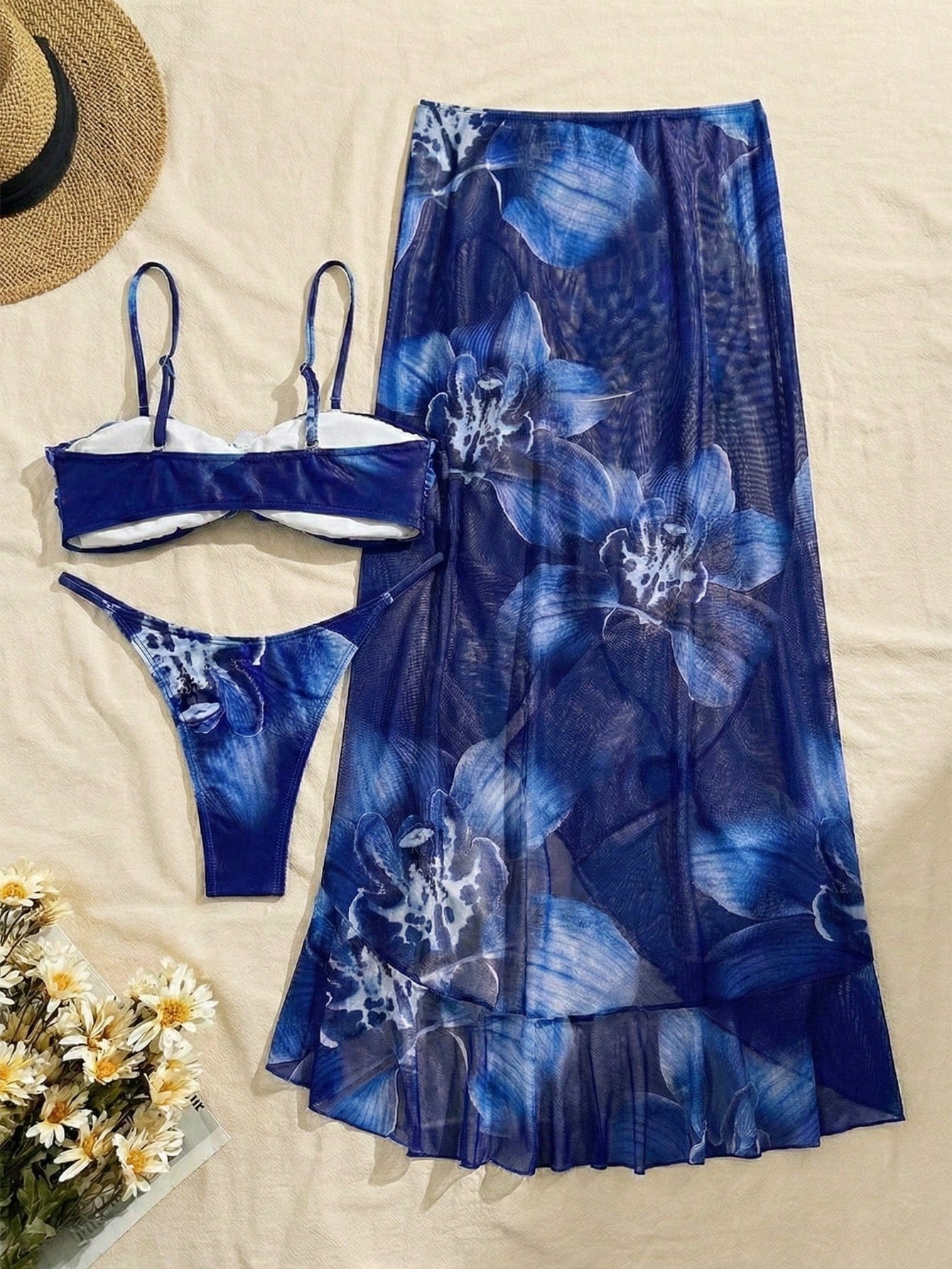 SHEIN 3pcs/Set Women Floral Print Elegant Sexy Backless Tie-Front Tankini Swimwear & Skirt Beach Outfit, Spring/Summer Vacation