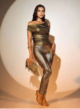 SHEIN SXY Women Off Shoulder Sleeveless Shimmer Top, Minimalist Casual Daily Wear