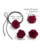 SHEIN 4pcs Set Women's Vintage Gothic Black Rose Flower Choker Necklace, Satin Rose Rope Necklace, Bracelet & Earrings Jewelry Set