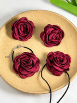SHEIN 4pcs Set Women's Vintage Gothic Black Rose Flower Choker Necklace, Satin Rose Rope Necklace, Bracelet & Earrings Jewelry Set