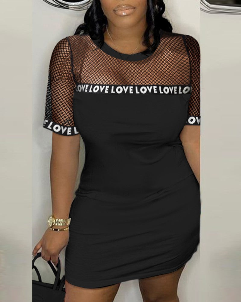 CHICME Letter Pattern Fishnet Patch T-shirt Dress