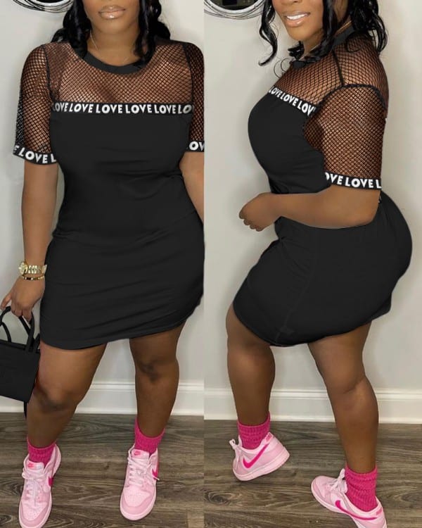 CHICME Letter Pattern Fishnet Patch T-shirt Dress
