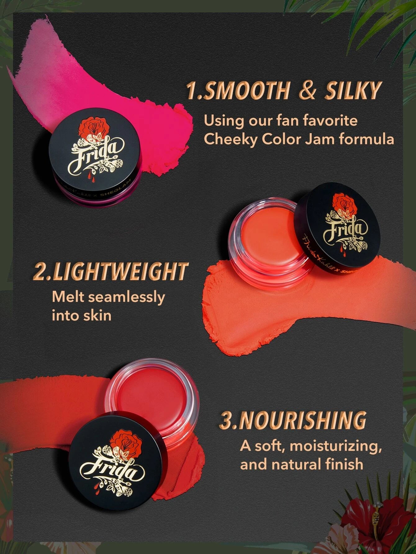 SHEGLAM X Frida Kahlo Self Portrait Cream Blush-Flower Crown  Cream To Powder Blush Long Lasting High Pigment Hydrating Natural Glowing Lightweight Soft Smooth Blusher Black Friday Sale New Years Gift Hot Pink Rosa Blush