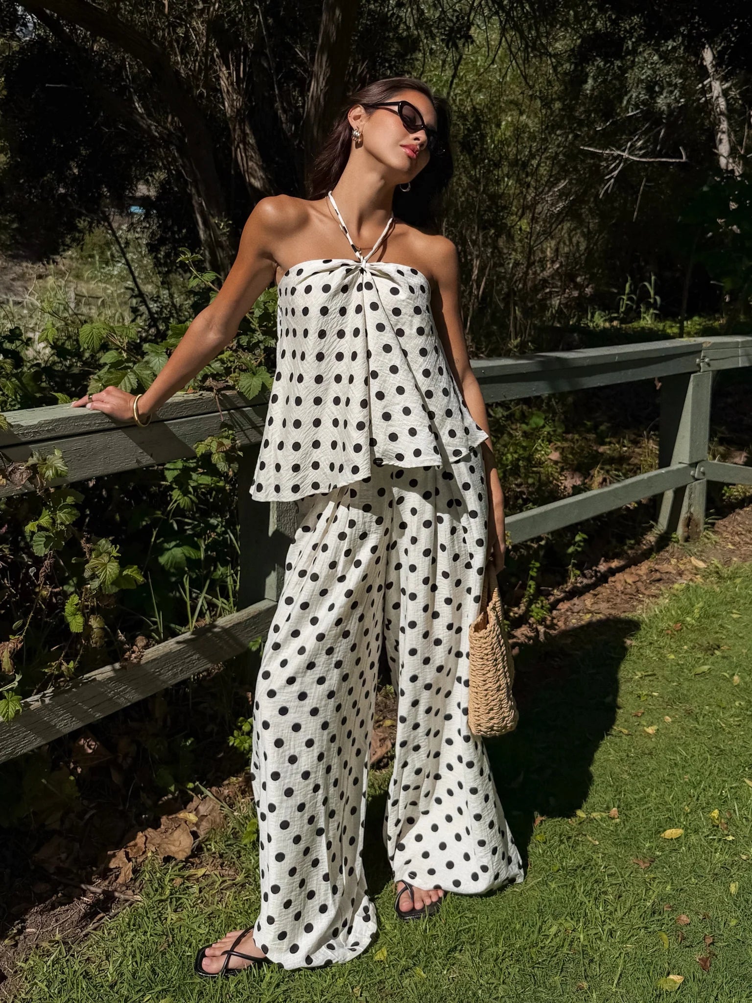 SHEIN Elegant Women's Polka Dot 2-Piece Set, Open Shoulder Wrap Top Paired With Wide-Leg Pants, Summer Bohemian Style, Non-Stretch Fabric White