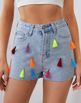 SHEIN  Fringe Trim Slant Pocket Denim Shorts