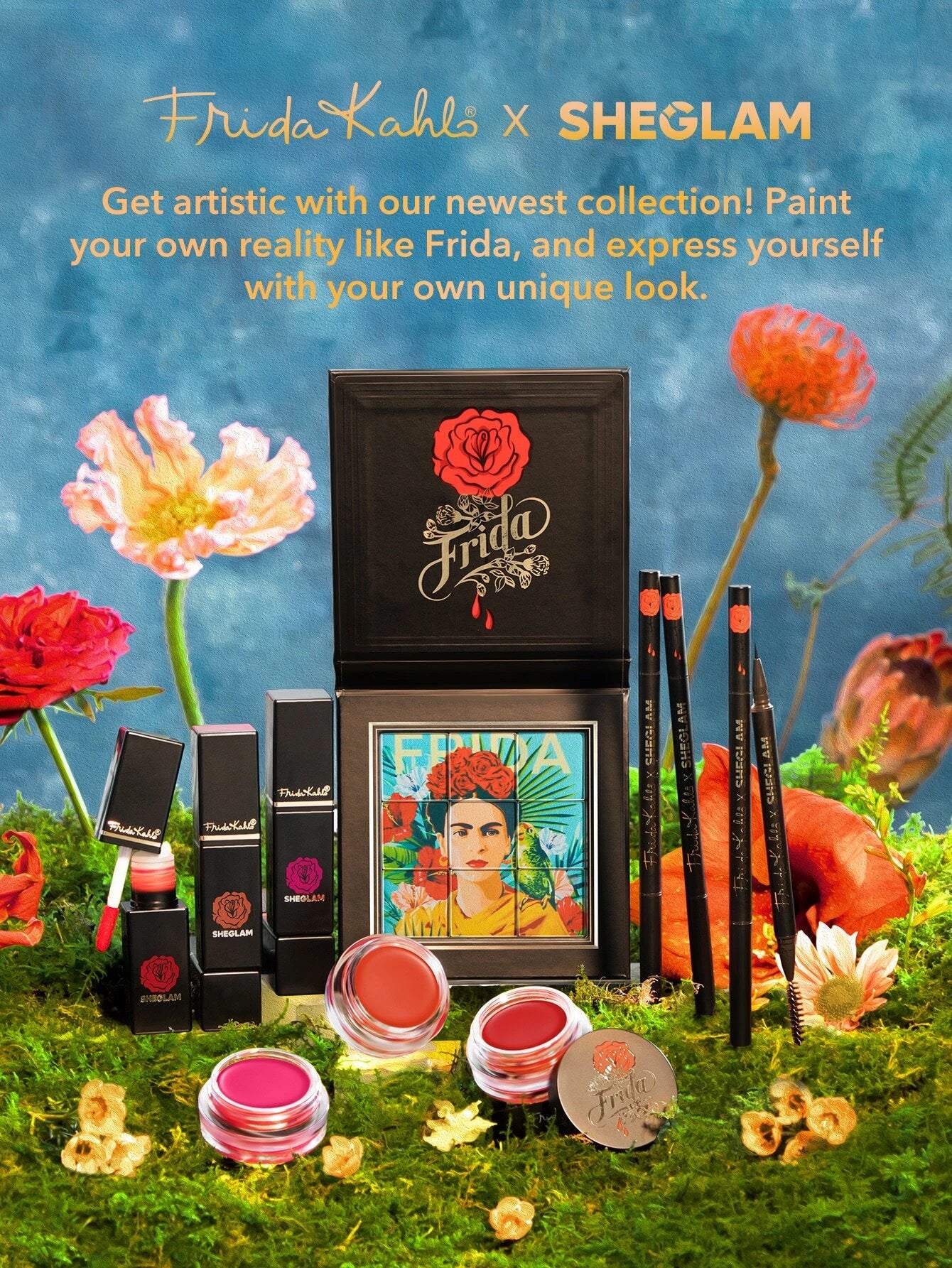 SHEGLAM X Frida Kahlo Self Portrait Cream Blush-Flower Crown  Cream To Powder Blush Long Lasting High Pigment Hydrating Natural Glowing Lightweight Soft Smooth Blusher Black Friday Sale New Years Gift Hot Pink Rosa Blush